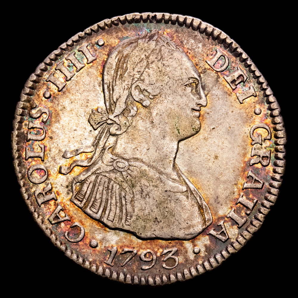 Carlos IIII. 2 Reales. (6,63 g.). Potosí. 1793. Ensayador P·R. MBC. Escasa. Pátina.