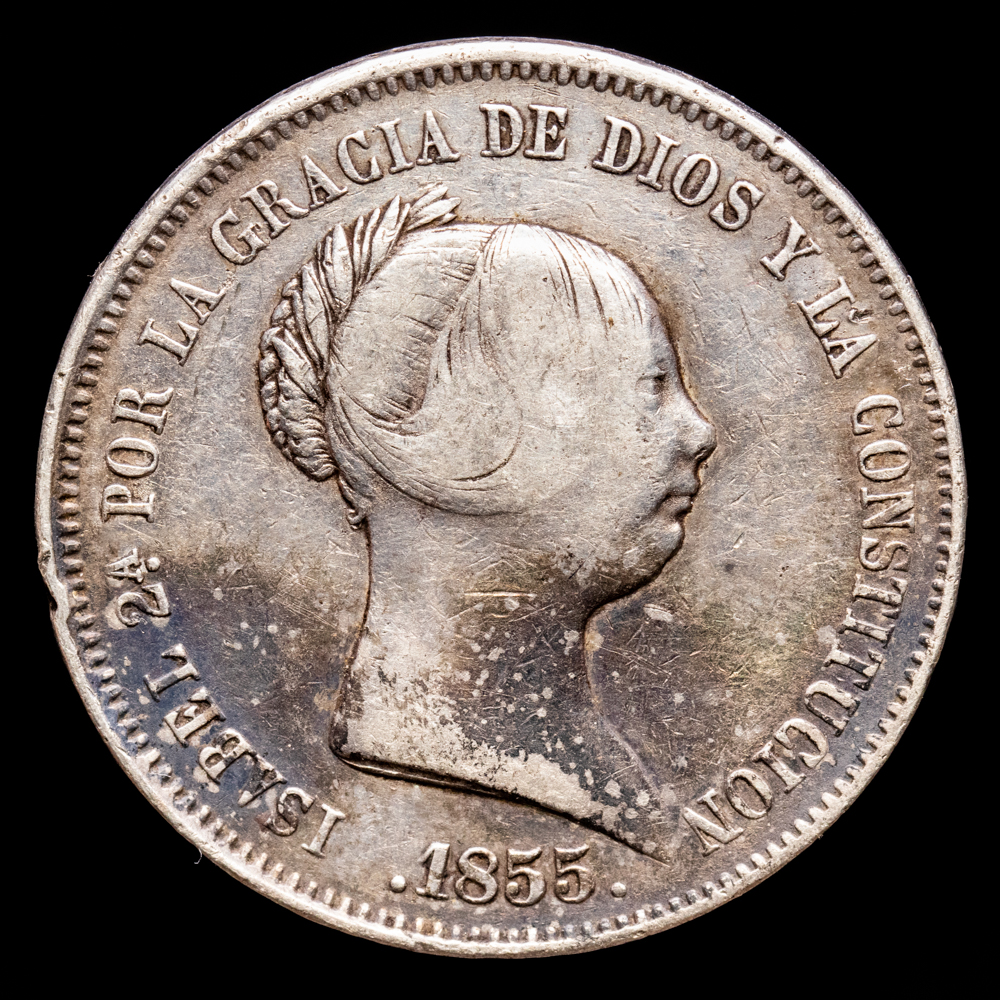 Isabel II. 20 Reales. (25,71 g.). Madrid. 1855. Aureo y Calicó-597. MBC-. Golpecito a las 8H