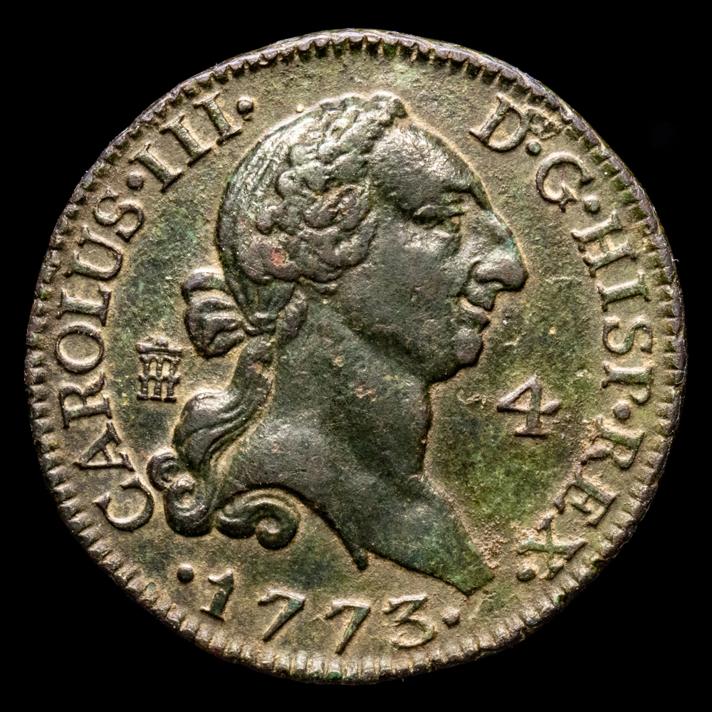 Carlos III. 4 Maravedis. (5,13 g.). Segovia. 1773. Aureo y Calicó-53. MBC+.