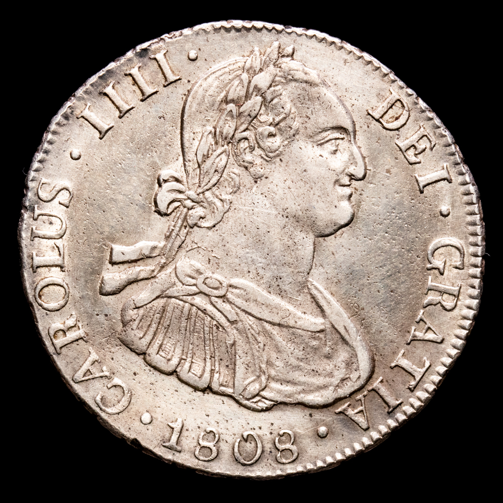 Carlos IV. 4 Reales. (13,41 g.). Potosí. 1808. Ensayador P·J. Aureo y Calicó-845. EBC+. Restos de brillo original. Último año.