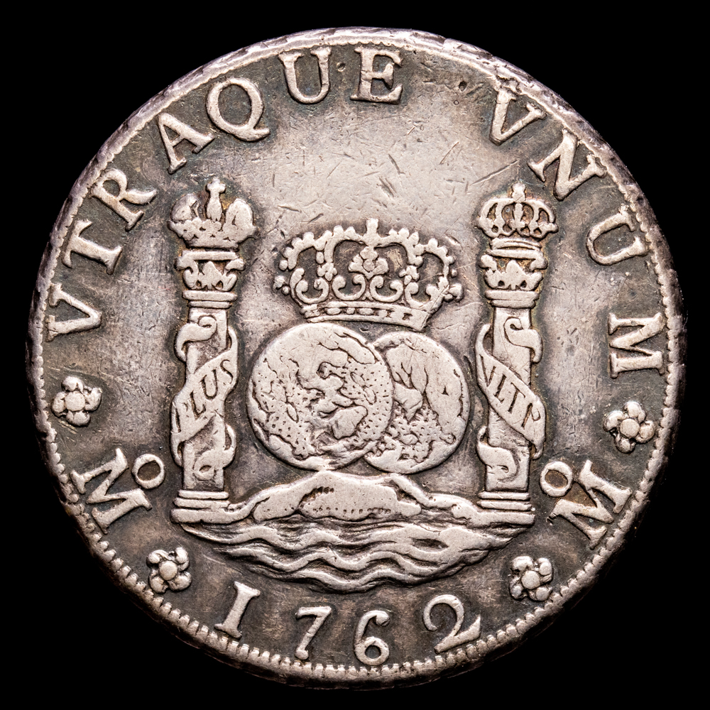 Carlos III. 8 Reales. (26,75 g.). México. 1762. Ensayador M·M. Aureo y Calicó-1080. MBC. 38 mm. Cruz entre H e I