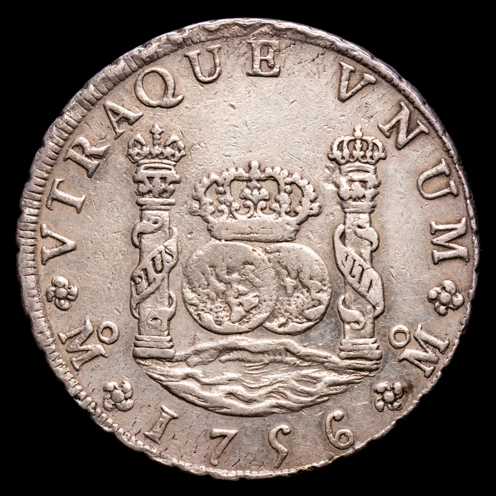 Fernando VI. 8 Reales. (27,03 g.). México. 1756. Ensayador M·M. Aureo y Calicó-491. MBC+. 39 mm.