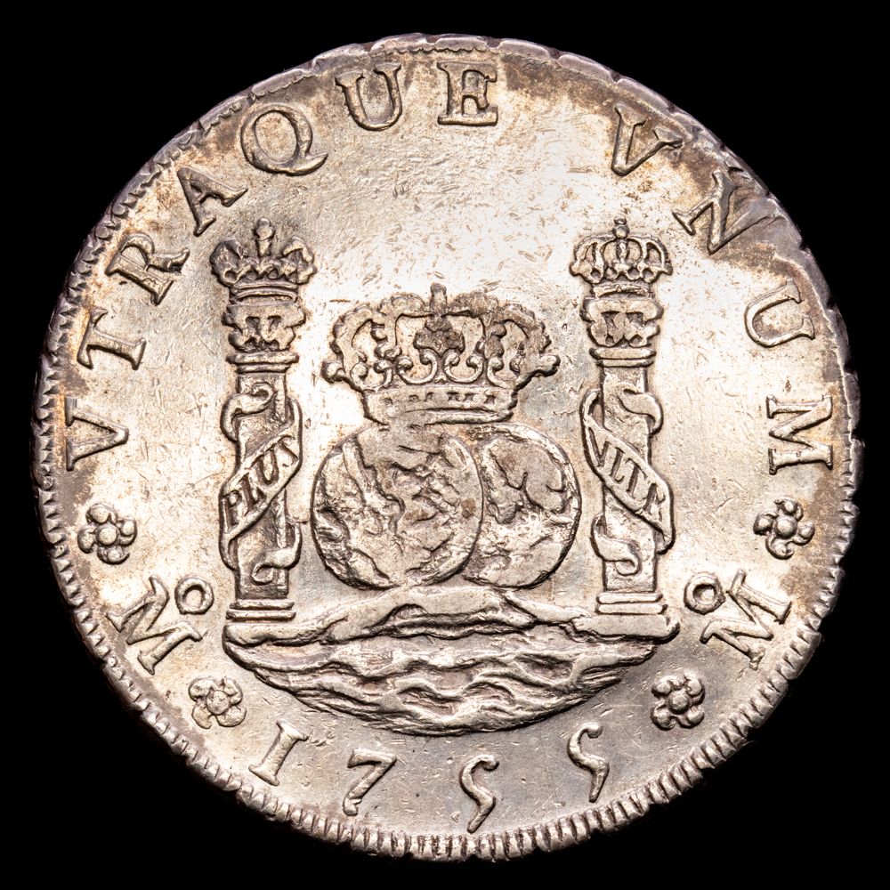 Fernando VI. 8 Reales. (26,86 g.). México. 1755. Ensayador M·M. Aureo y Calicó-489. MBC+/EBC. 39 mm.