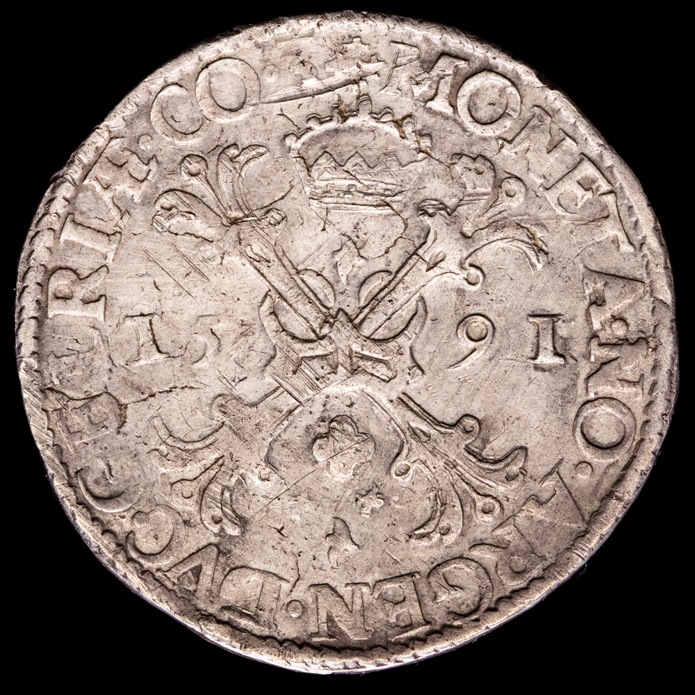 Felipe II. 1 Escudo. (28,53 g.). Nimega. 1591. Vicenti-1362. MBC. 40 mm. Raro