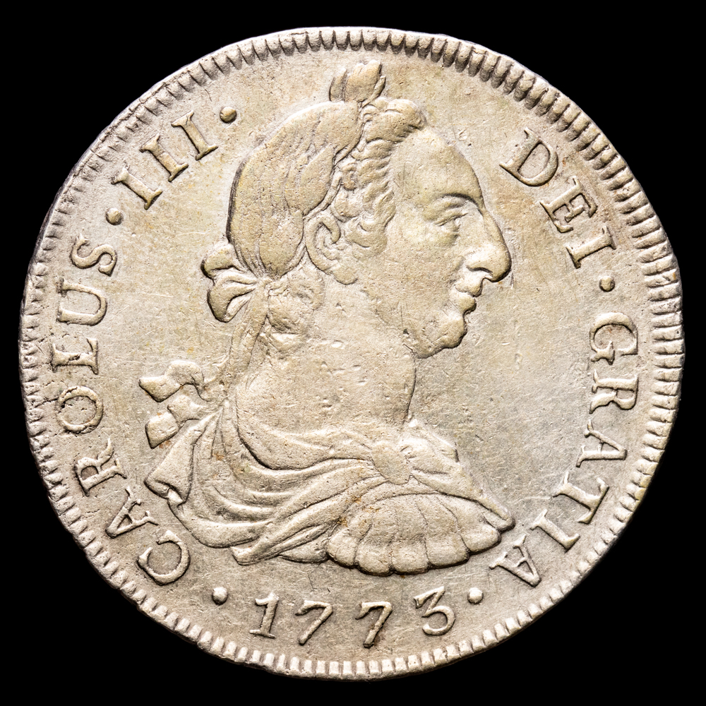 Carlos III. 8 Reales. (26,59 g.). Lima. 1773. Ensayador J·M. Aureo y Calicó-1036. MBC+. Oxidaciones limpiadas.