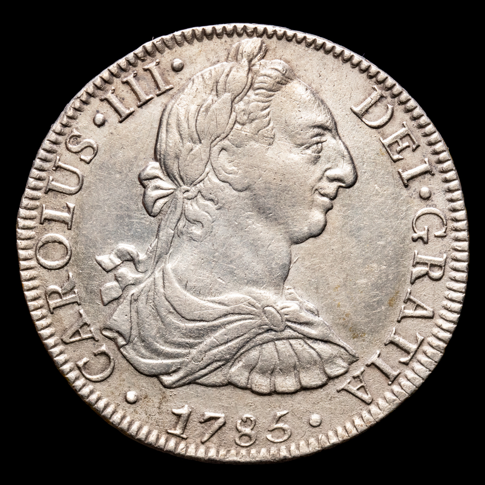 Carlos III. 8 Reales. (26,97 g.). México. 1785. Ensayador F·M. Aureo y Calicó-1127. MBC+.
