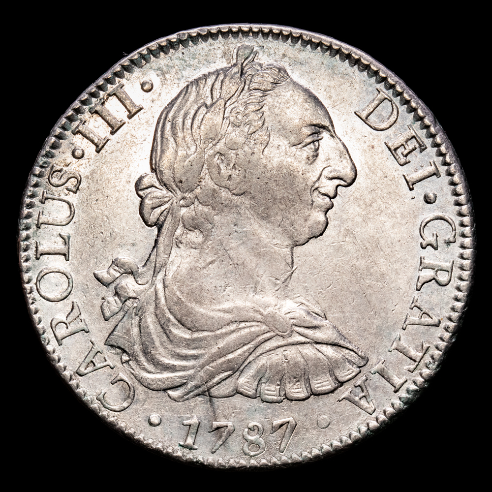 Carlos III. 8 Reales. (26,82 g.). México. 1787. Ensayador F·M. Aureo y Calicó-1131. MBC+. Parte de brillo original.