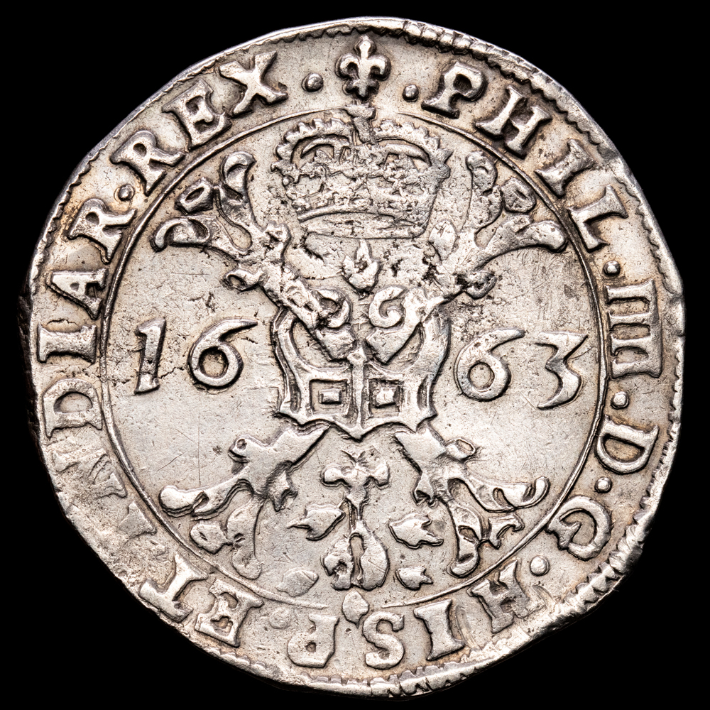 Paises Bajos – Felipe IV. Patagón. (28,01 g.). Brujas. 1663. Ensayador visible. VTI-1089. MBC+. Muy bella