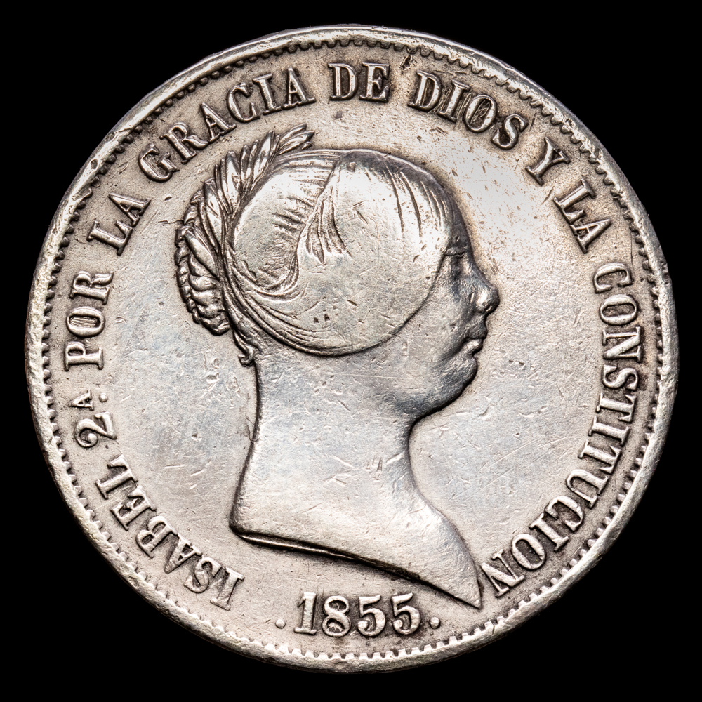 Isabel II. 20 Reales. (25,75 g.). Sevilla. 1855. Ensayador *. Aureo y Calicó-632. MBC-.