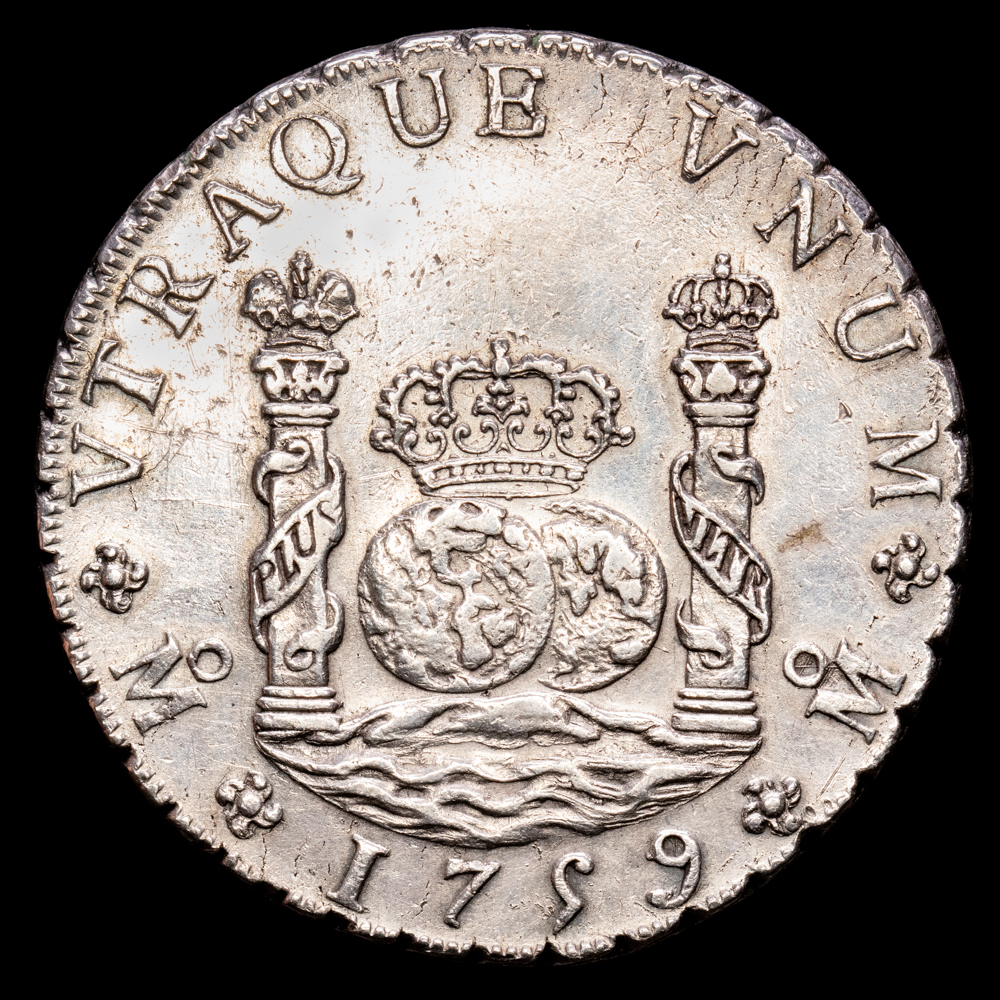 Fernando VI. 8 Reales. (26,99 g.). México. 1759. Ensayador M·M. Aureo y Calicó-495. EBC-/EBC . Restos de brillo original