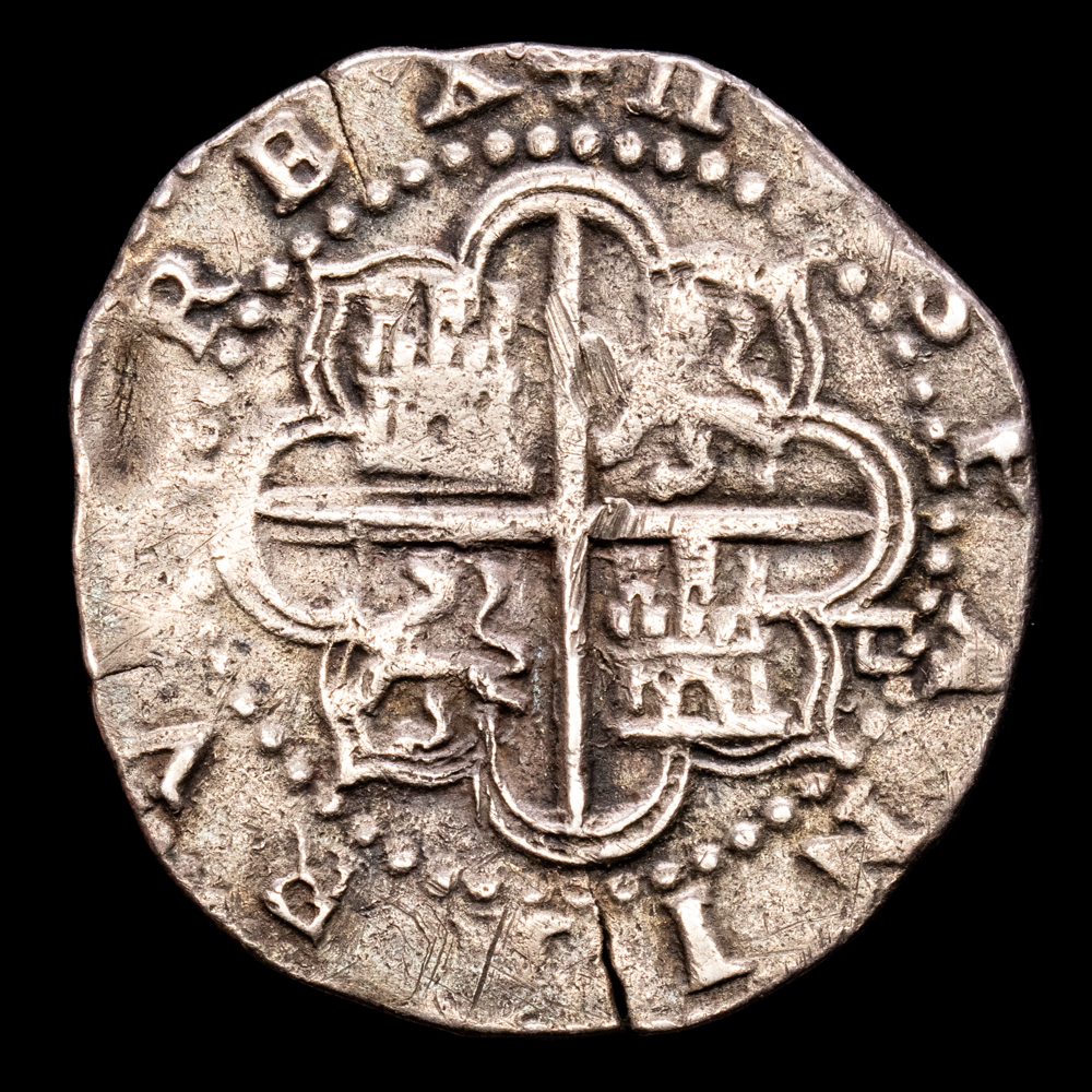 Felipe II. 2 Reales. (6,78 g.). Sevilla. S/F. Ensayador “cuadrado”. Aureo y Calicó-400. MBC+. Escasa