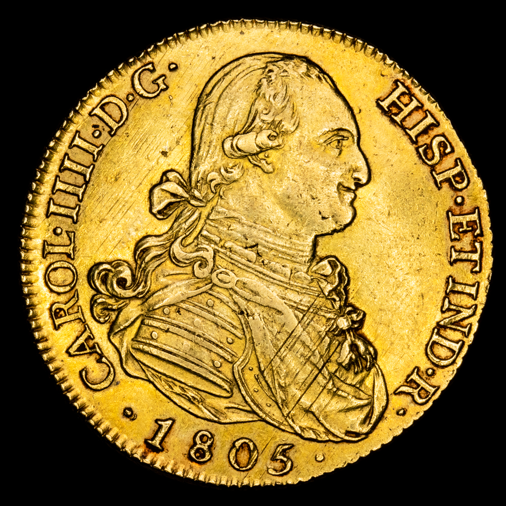 Carlos IV. 8 Escudos. (26,98 g.). Madrid. 1805. Ensayador FA/PJ. Aureo y Calicó-1626-var. MBC+/EBC. Parte de brillo original