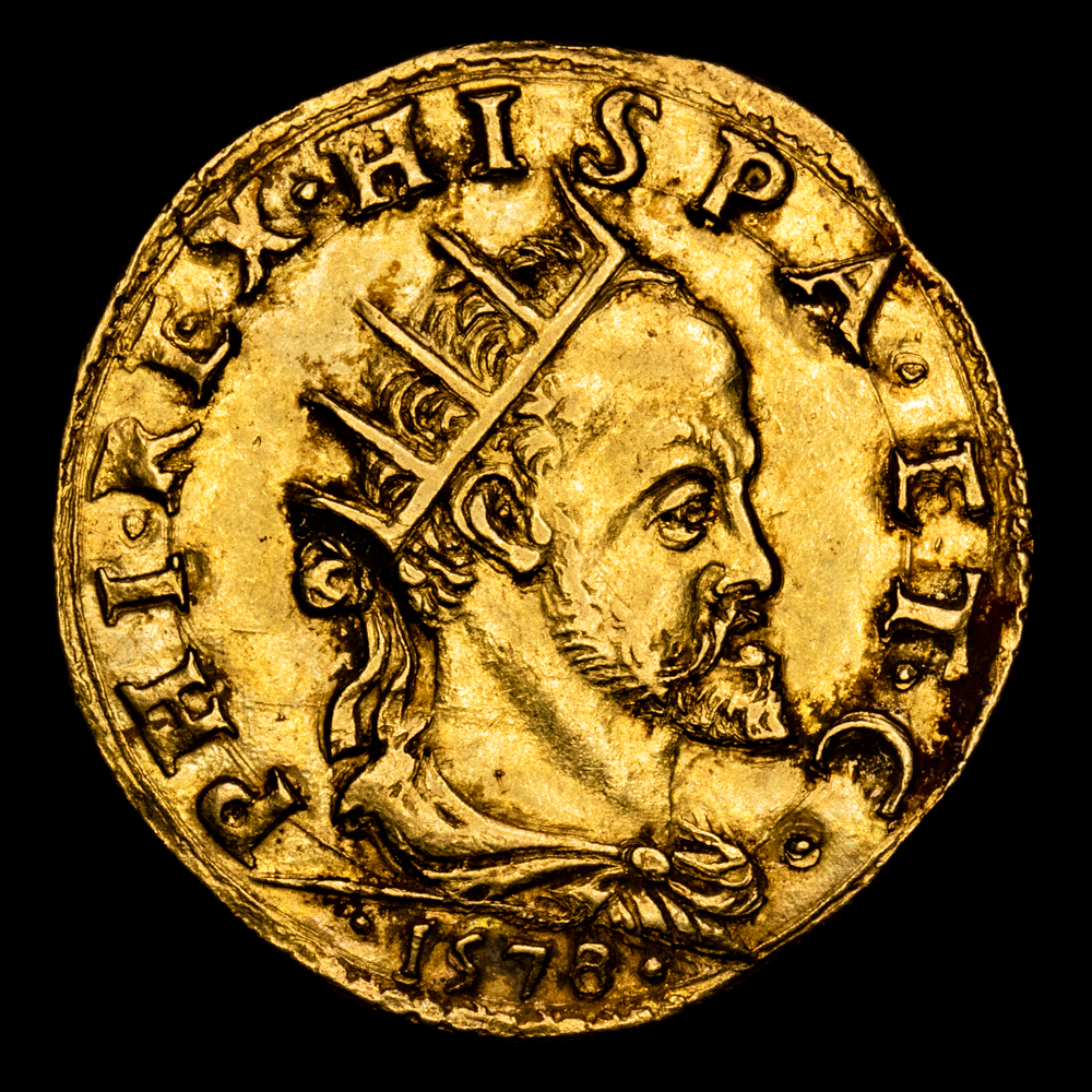 Felipe II. 1 Doppia. (6,63 g.). Milán. 1578. VTI-65. EBC. Restos de brillo original. Rara asi