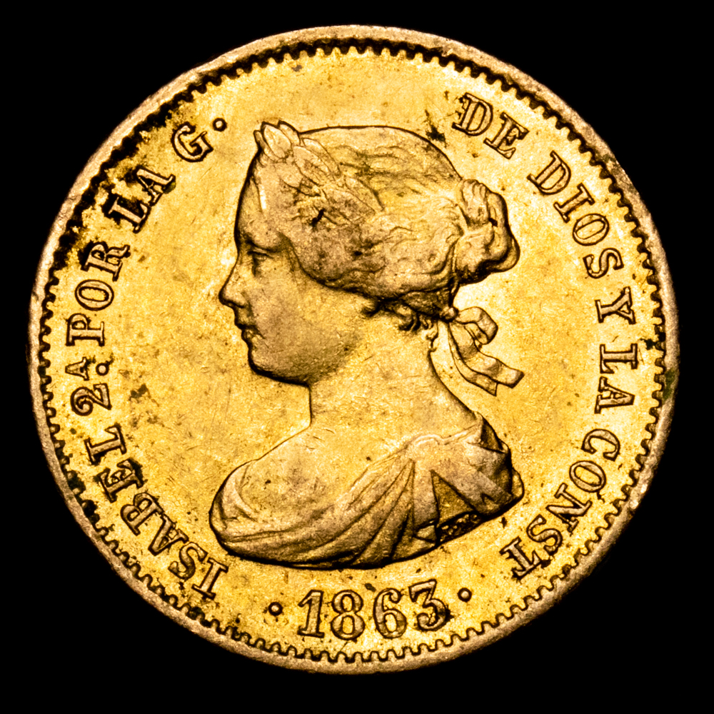 Isabel II. 40 Reales. (3,31 g.). Madrid. 1863. Aureo y Calicó-682. EBC-/EBC. Brillo original.