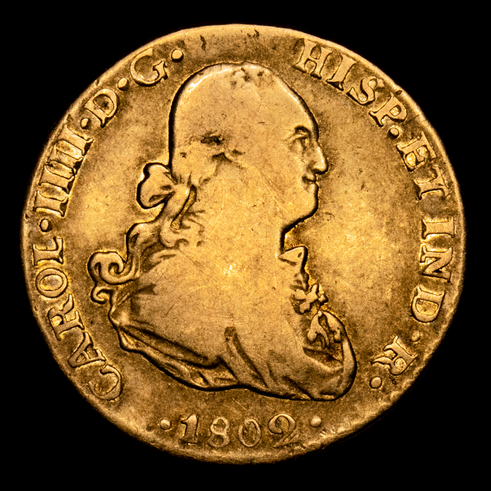 Carlos IV. 1 Escudo. (3,33 g.). México. 1802. Ensayador F·T. Aureo y Calicó-1135. BC+/MBC. Escasa