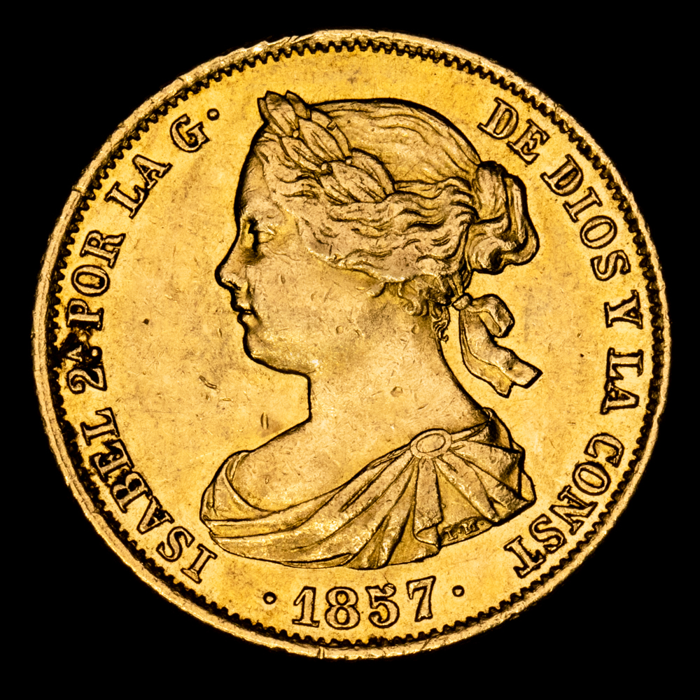 Isabel II. 100 Reales. (8,41 g.). Madrid. 1857. Aureo y Calicó-784. EBC/EBC+. Brillo original.