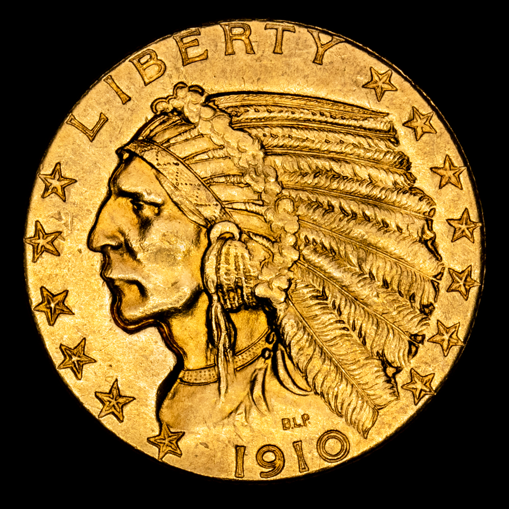 Estados Unidos – Indian Head. 5 Dollars. (8,36 g.). Philadelphia. 1910. KM-129. XF+. Gran parte de brillo original.
