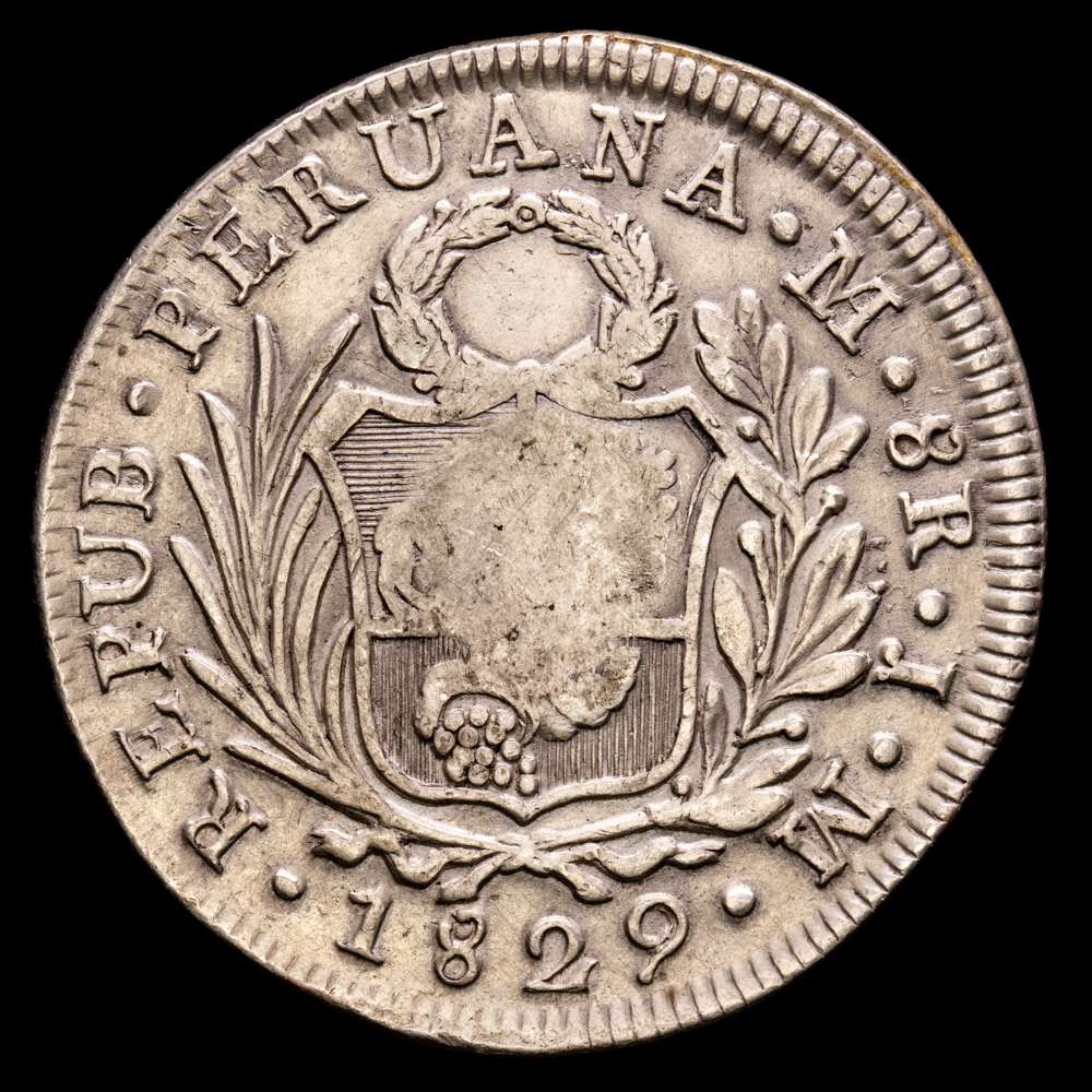 República de Perú. 8 Reales. (28,39 g.). Lima. 1829. Ensayador J·M. KM-142.3. VF+. Resello de Filipinas – F.7.0