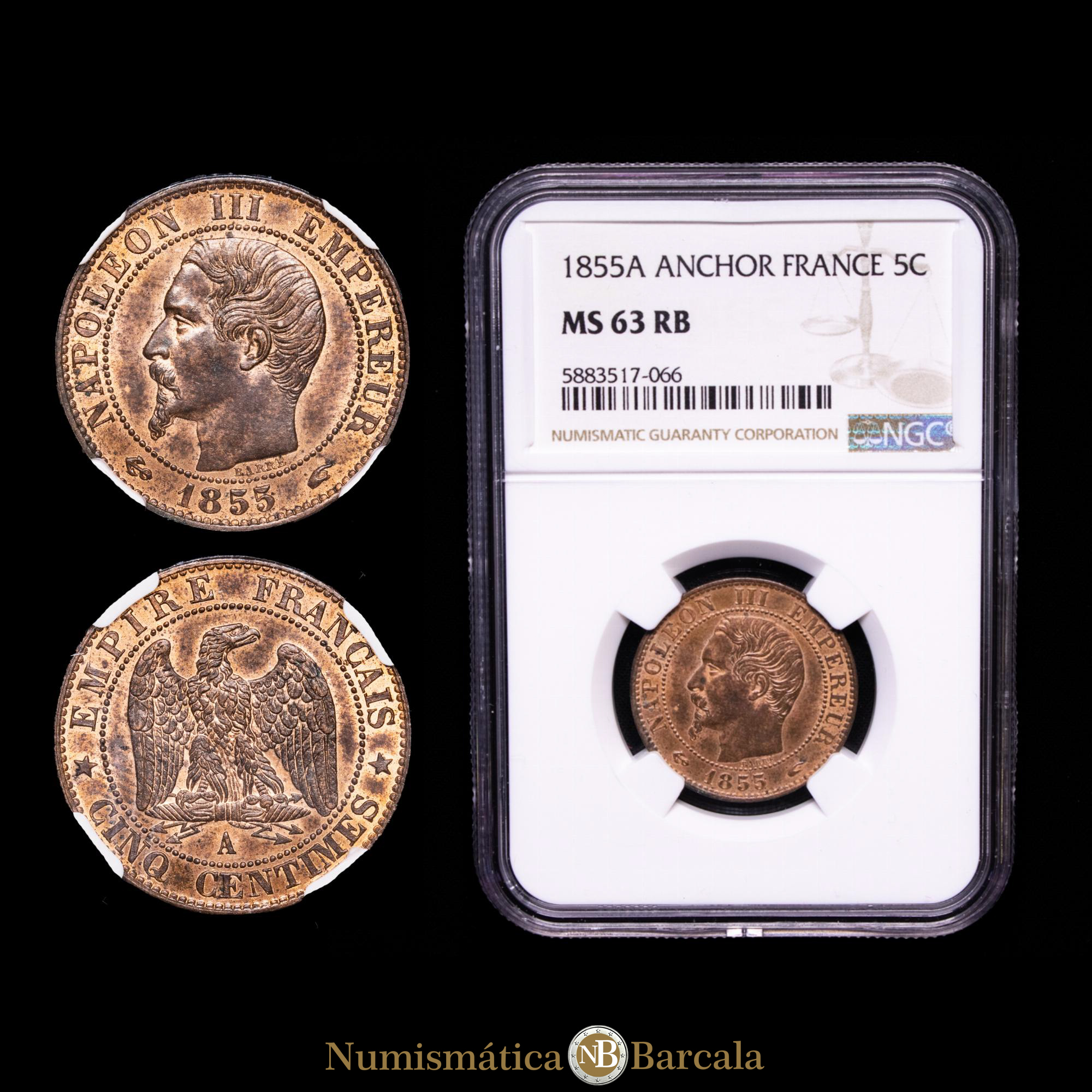 Francia. 5 Cents. ( g.). Paris. 1855. A. Anchor. Encapsulado por NGC MS63 RB.