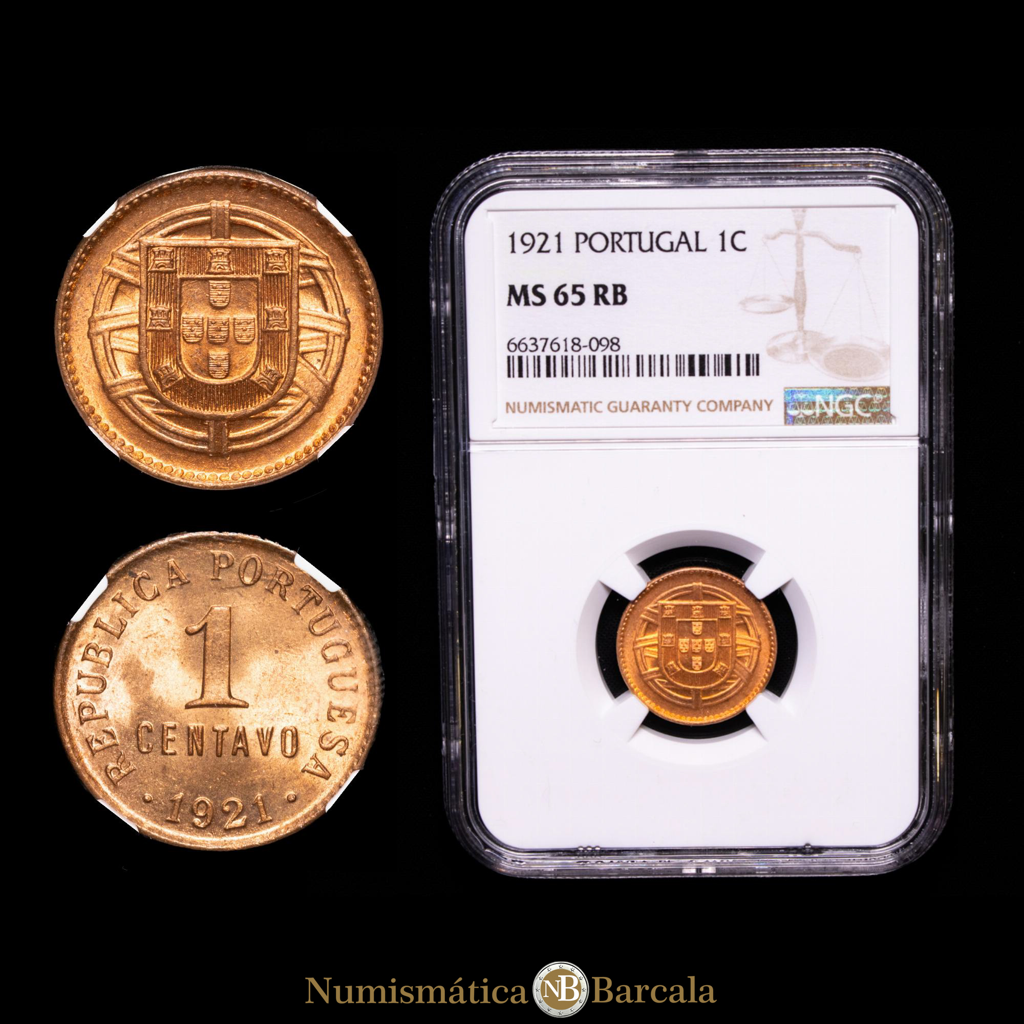 Portugal. 1 Cent. ( g.). 1921. Encapsulado por NGC MS65 RB.