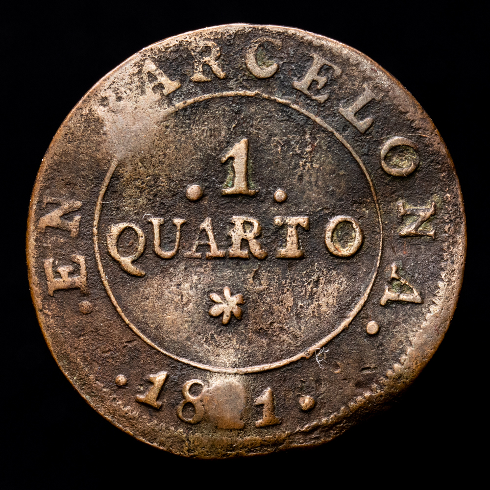 José Napoleón. 1 Quarto. (2.26 g.). Barcelona. 1811. Aureo y Calicó-95. MBC-. Escasa