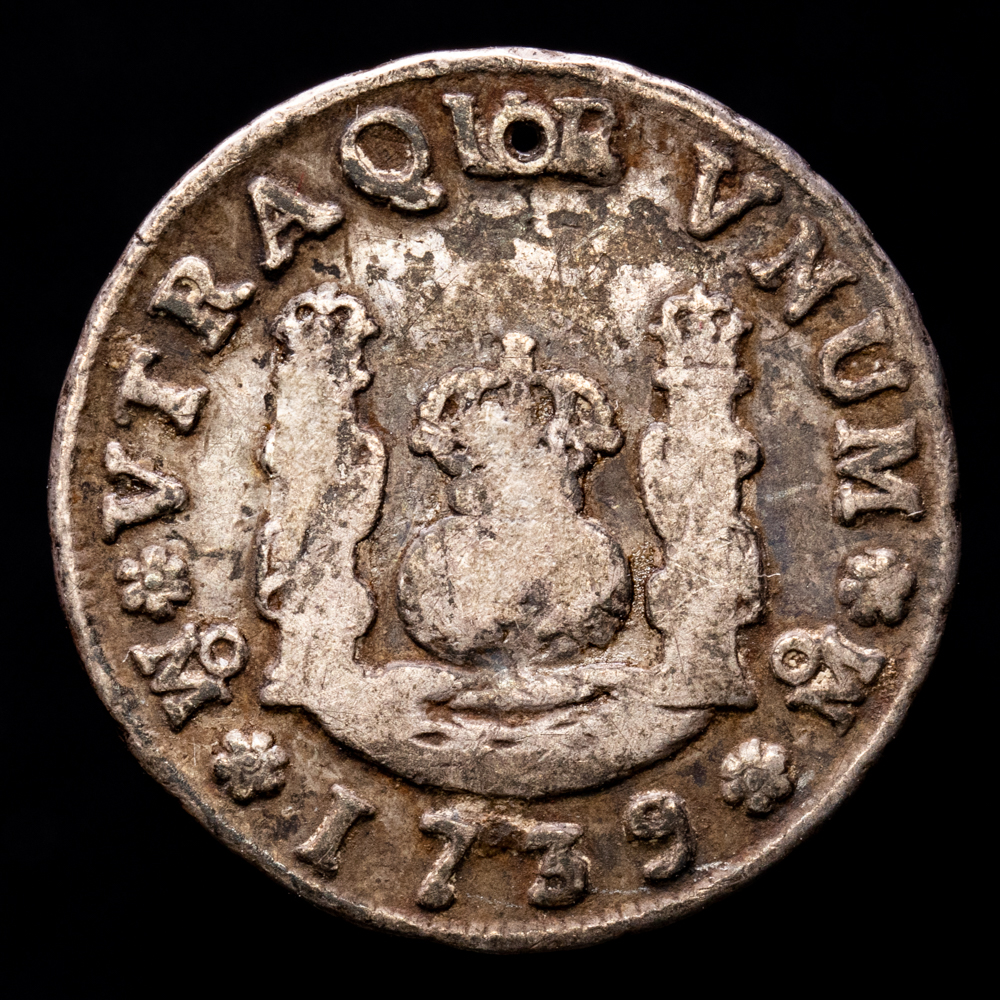 Felipe V. 1 Real. (3.21 g.). México. 1739. Ensayadores M·F. Aureo y Calicó-514. BC+. Agujero a las 12