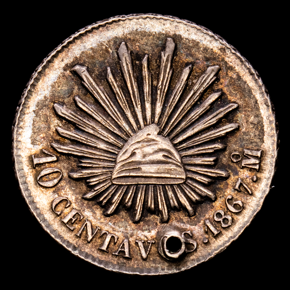 República México. 10 Centavos. (2.74 g.). México. 1867. KM-402. VF+. Agujero a las 6h