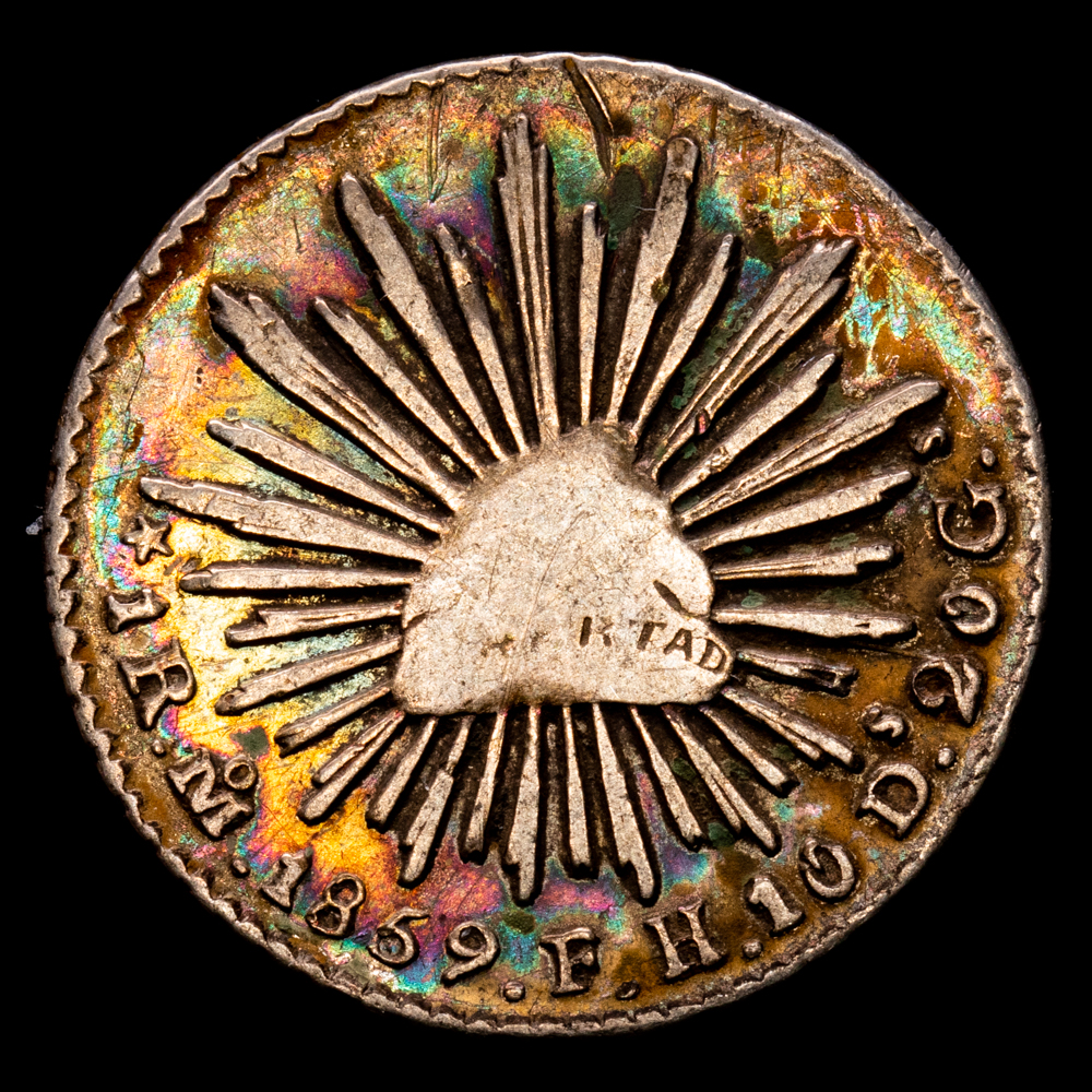 República de México. 1 Real. (3.34 g.). México. 1859. Ensayadores F·H. KM-372,8. MBC+. Bello color