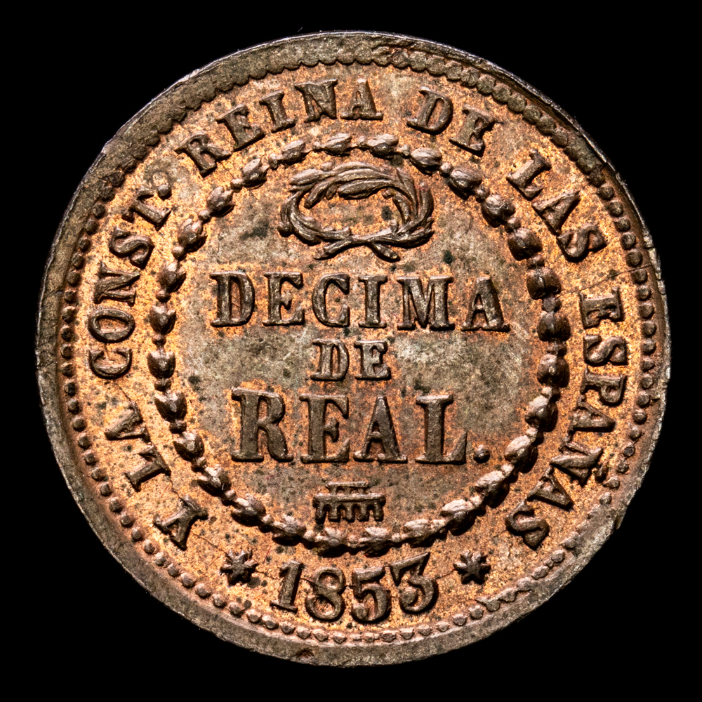 Isabel II. 1 Décima de real. (3.92 g.). Segovia. 1853. Aureo y Calicó-146. SC-. Brillo original. Bella