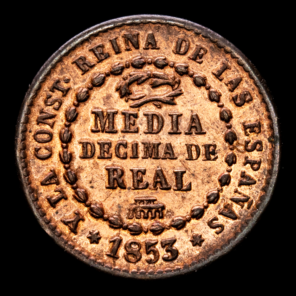 Isabel II. 1/2 Décima de Real. (1.9 g.). Segovia. 1853. Aureo y Calicó-140. EBC+. Gran parte de brillo original