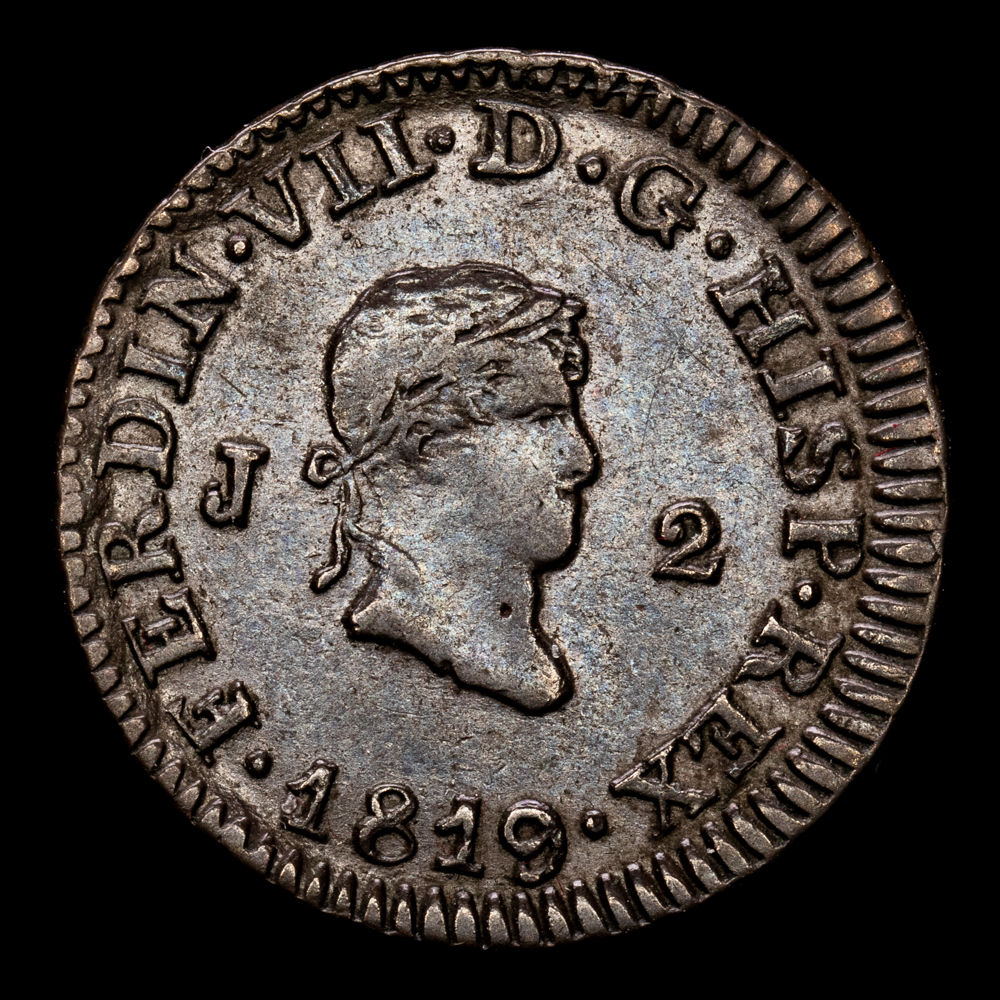 Fernando VII. 2 Maravedís. (2.79 g.). Jubia. 1819. Aureo y Calicó-133. MBC+/EBC-. Busto laureado