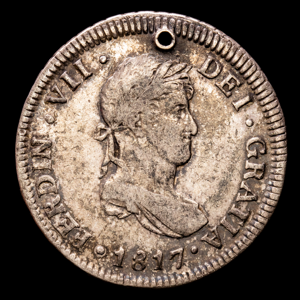 Fernando VII. 2 Reales. (6.35 g.). Nueva Guatemala. 1817. Ensayador M. Aureo y Calicó-800. (MBC). Agujero a las 1H