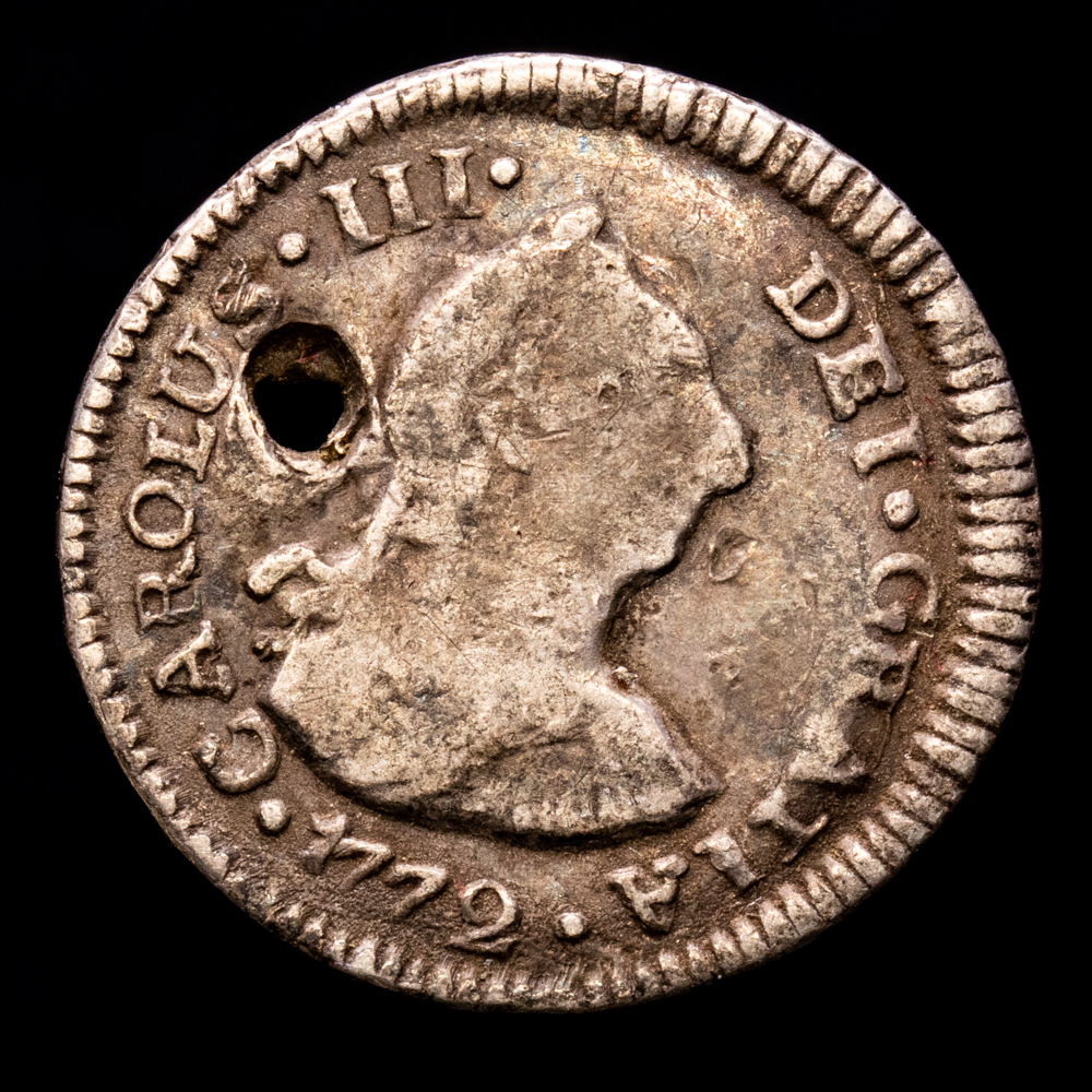 Carlos III. 1/2 Real. (1.53 g.). Guatemala. 1772. Ensayador P. Aureo y Calicó-98. BC+. Rara. Agujero a las 9H