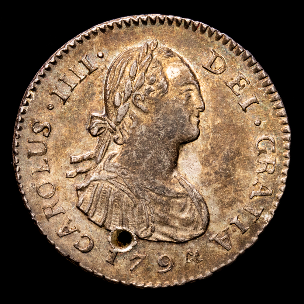 Carlos IV. 1 Real. (3.39 g.). Nueva Guatemala. 1794. Ensayador M. Aureo y Calicó-370. (EBC). Restos de brillo original. Agujero a las 6H