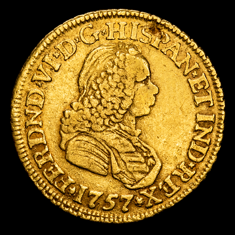 Fernando VI. 2 Escudos. (6.68 g.). Nuevo Reino. 1757. Ensayador S. Aureo y Calicó-679. VF. Muy rara!