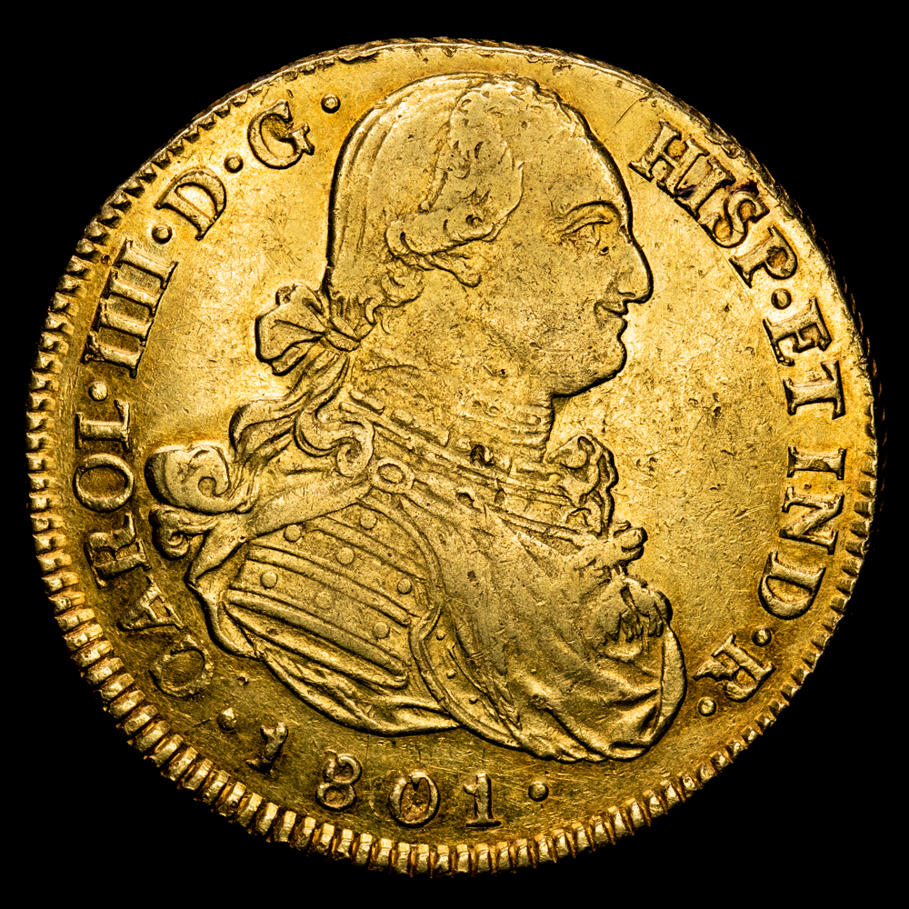 Carlos IV. 8 Escudos. (26.94 g.). Popayán. 1801. Ensayador J·F. Aureo y Calicó-1675. MBC+/EBC-. Rara. FELIX rectificado sobre EELIX