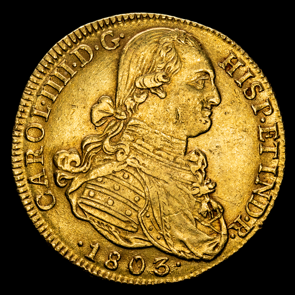 Carlos IV. 8 Escudos. (26.96 g.). Nuevo Reino. 1803. Ensayador J·J. Aureo y Calicó-1741. MBC+. Leves marquitas. Atractiva