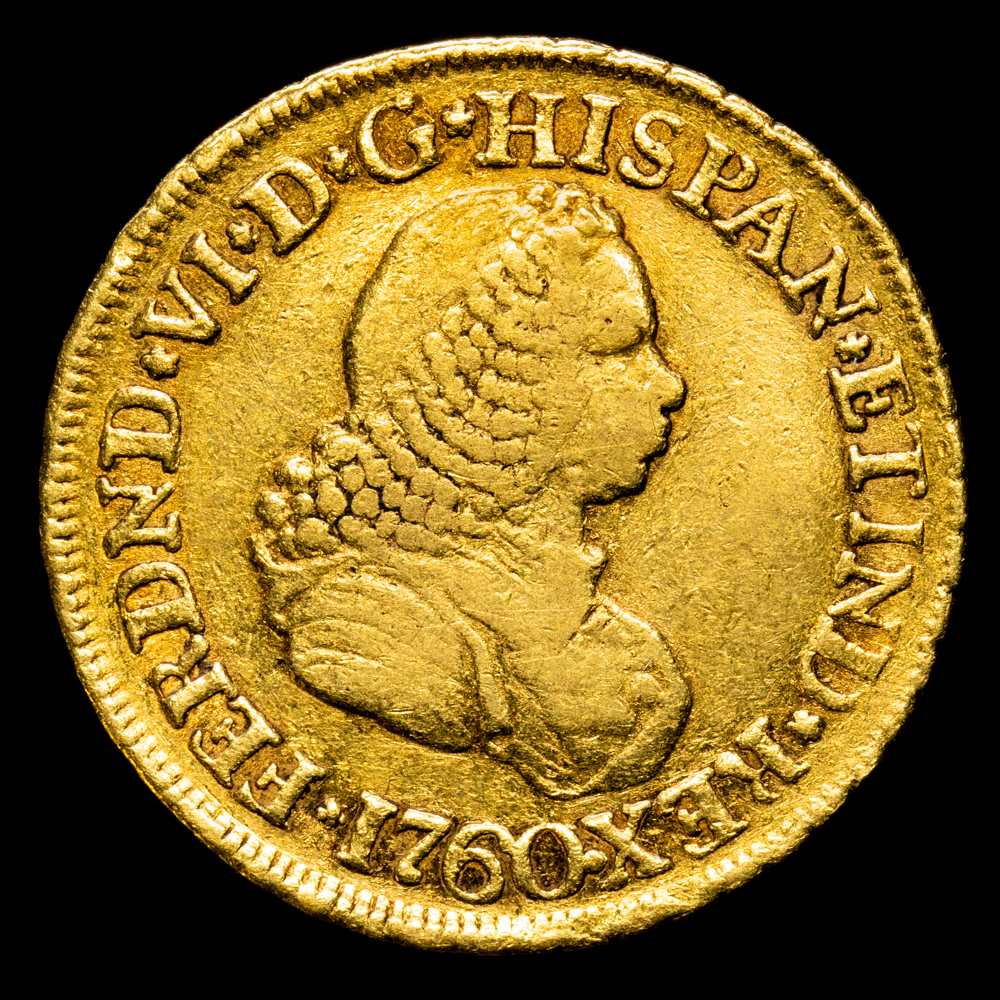 Fernando VI. 2 Escudos. (6.73 g.). Popayán. 1760. Ensayador J. Aureo y Calicó-664. VF+. Restos de brillo original. Rara!