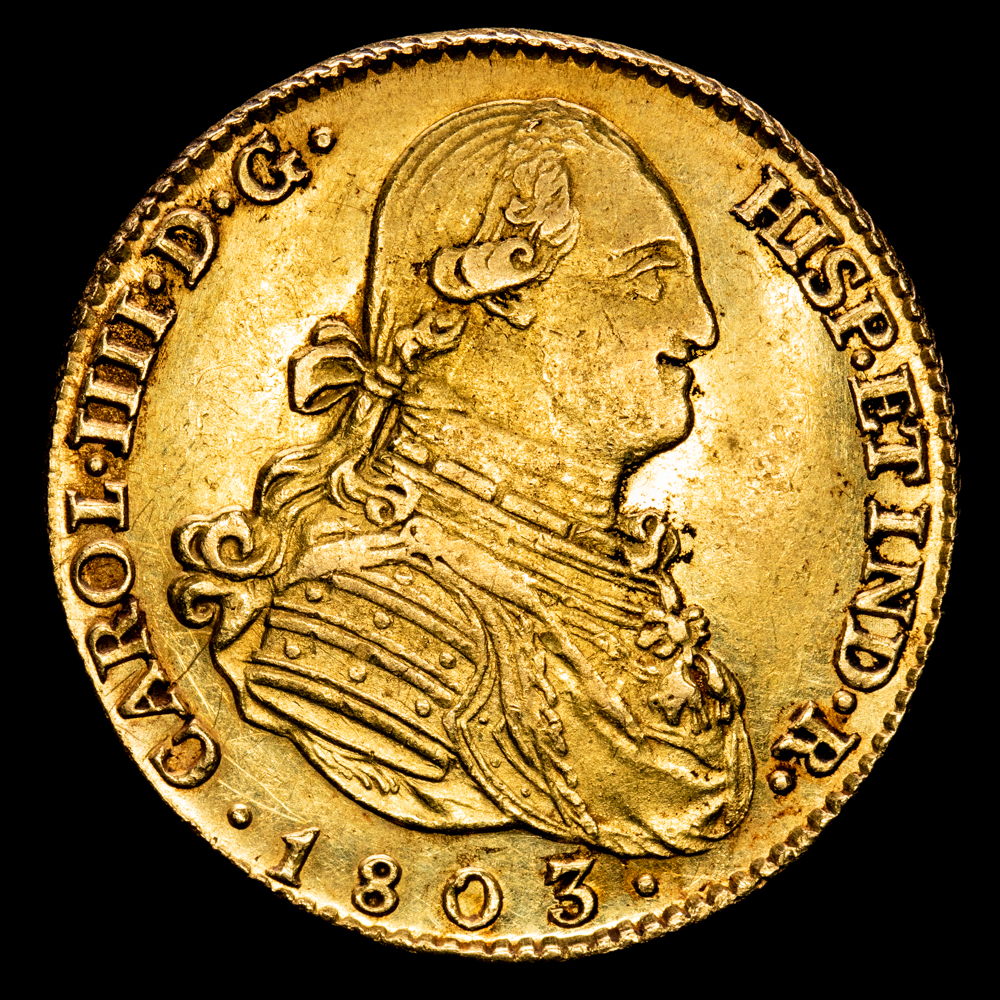 Carlos IV. 4 Escudos. (13.59 g.). Madrid. 1803. Ensayador F·A. Aureo y Calicó-1482. EBC-/EBC. Gran parte de brillo original