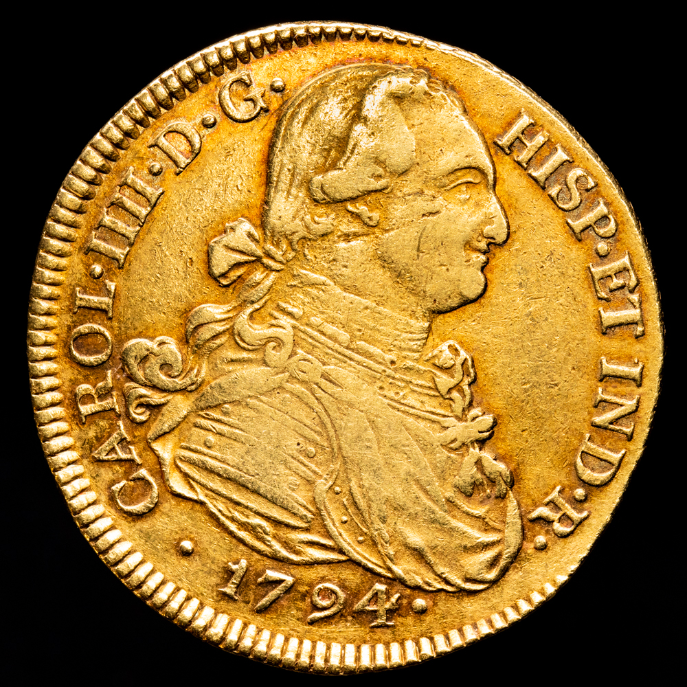 Carlos IV. 8 Escudos. (26.96 g.). Popayán. 1794. Ensayador J·F. Aureo y Calicó-1665. MBC+. Bello color