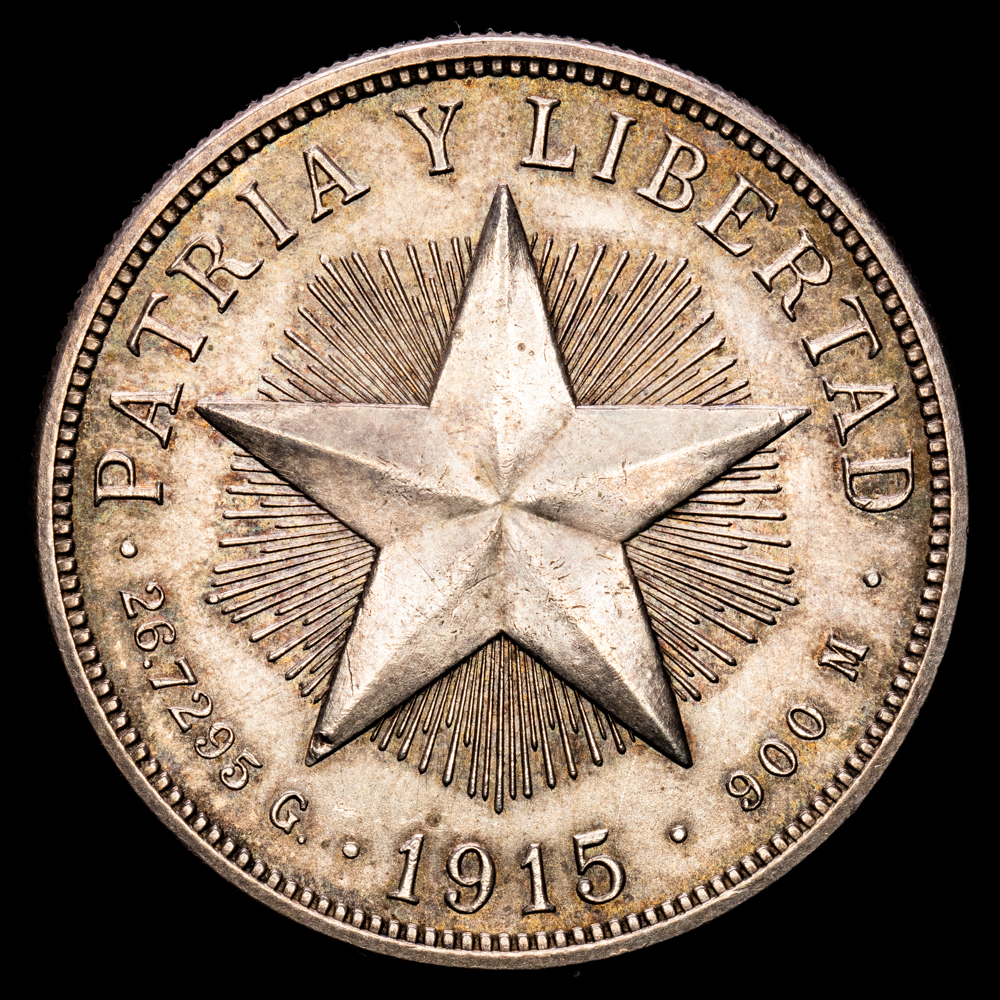 República de Cuba. 1 Peso. (26.68 g.). Cuba. 1915. KM-15.1. XF+. Pátina