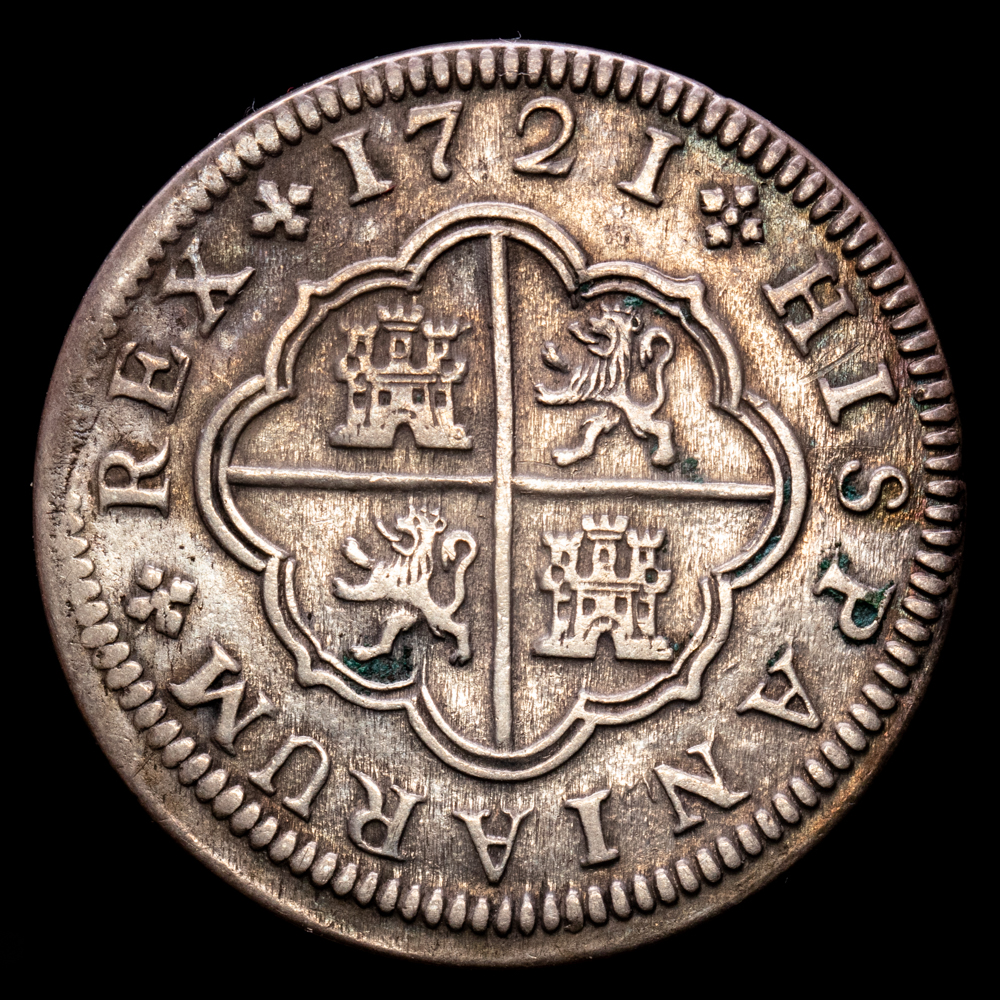 Felipe V. 2 Reales. (5.74 g.). Segovia. 1721. Ensayador F. Aureo y Calicó-954. MBC+. Ligeramente desplazada