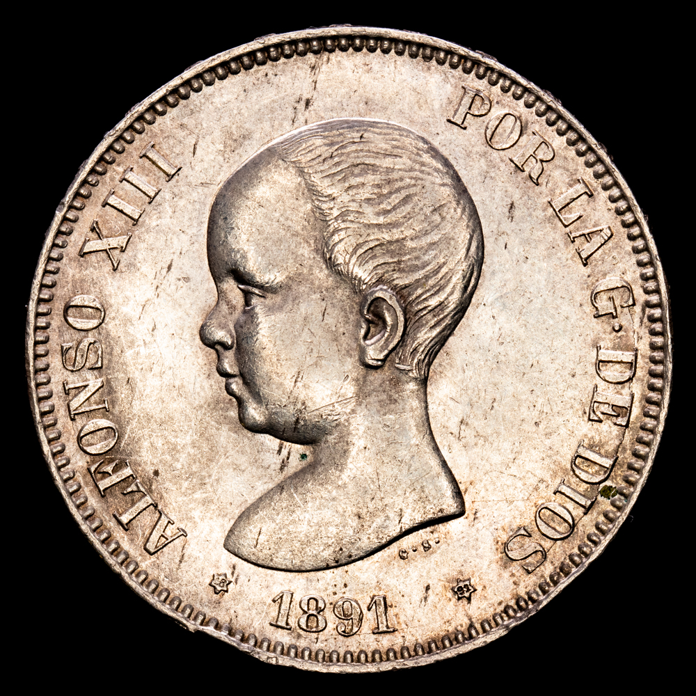 Alfonso XIII. 5 Pesetas. (26.03 g.). Madrid. 1891 *18-91*. Ensayador PG·M. Aureo y Calicó-98. MBC+/EBC. Tono.