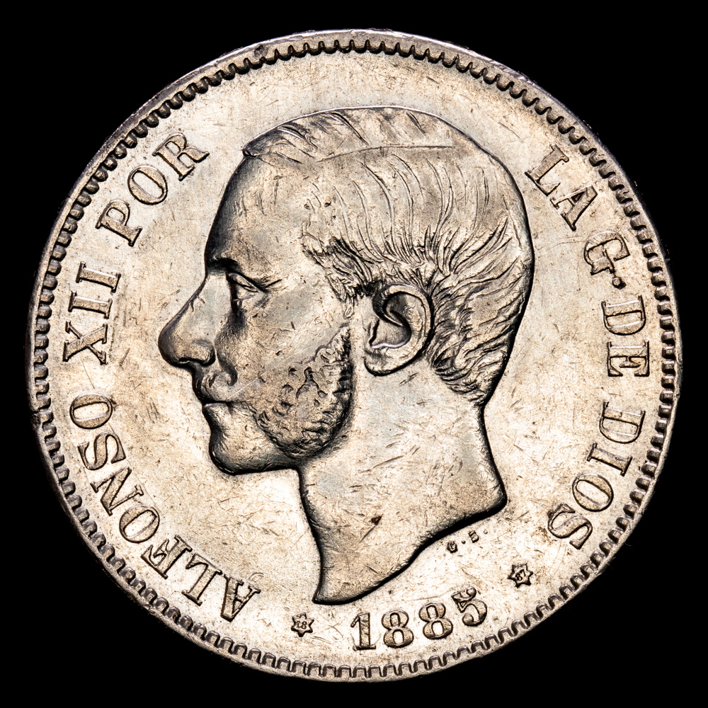 Alfonso XII. 5 Pesetas. (24.83 g.). Madrid. 1885 *18-87*. Ensayador MS·M. Aureo y Calicó-60. MBC+.