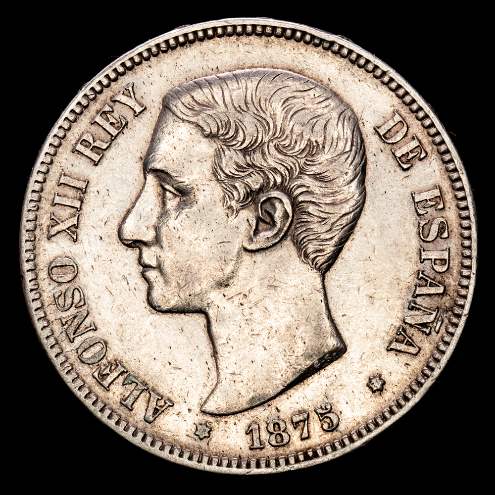 Alfonso XII. 5 Pesetas. (24.75 g.). Madrid. 1875 *18-75*. Ensayador DE·M. Aureo y Calicó-35. MBC+. Rayitas