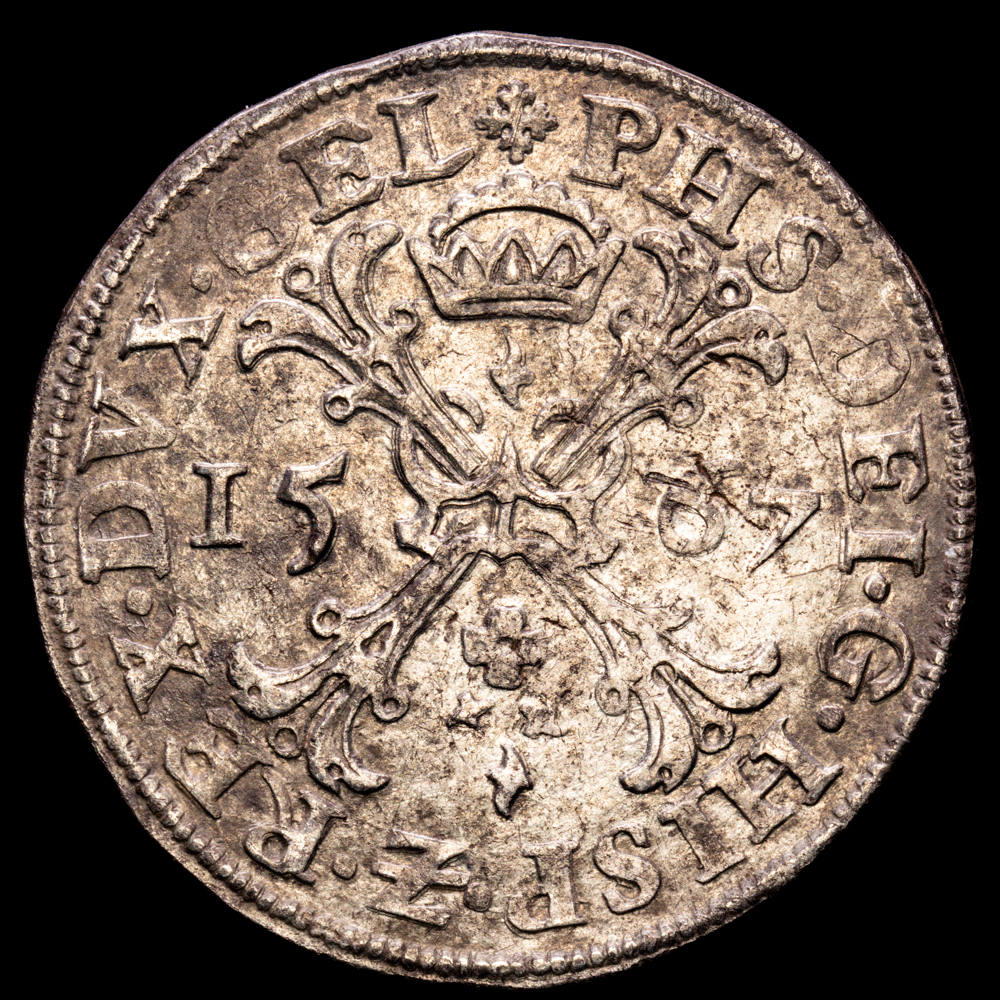 Felipe II (1556-1598). 1 escudo de Borgoña. 1567. Nimega.  (Vanhoudt-290.NIJ). (Vti-1310). Ag. 28,93 g. Tono . MBC+.