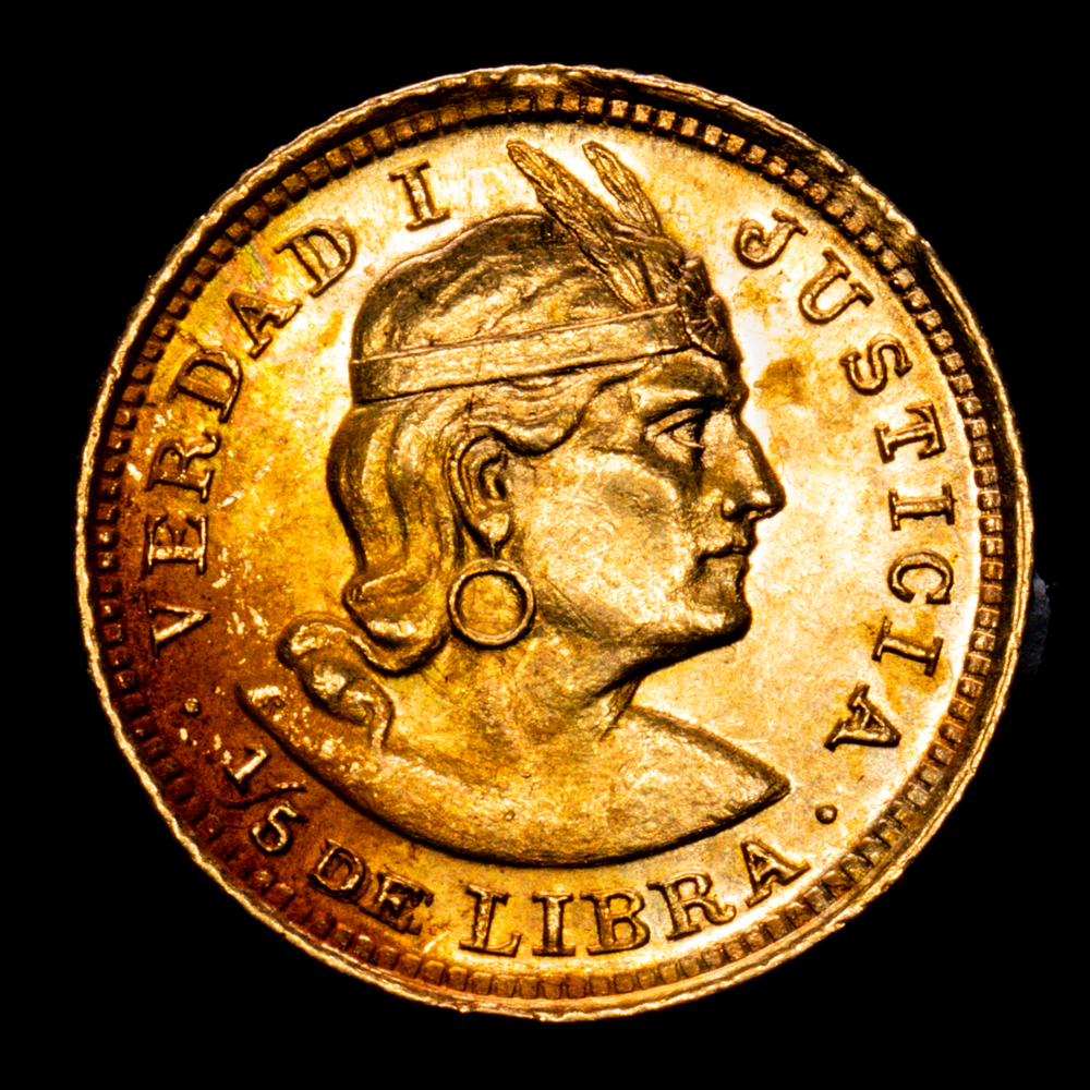 Peru 1/5 Libra 1919 KM# 210; N# 25403; Gold (.917) 1.60 g.; Mint: Lima; Mintage 10000; UNC- .Brillo original .