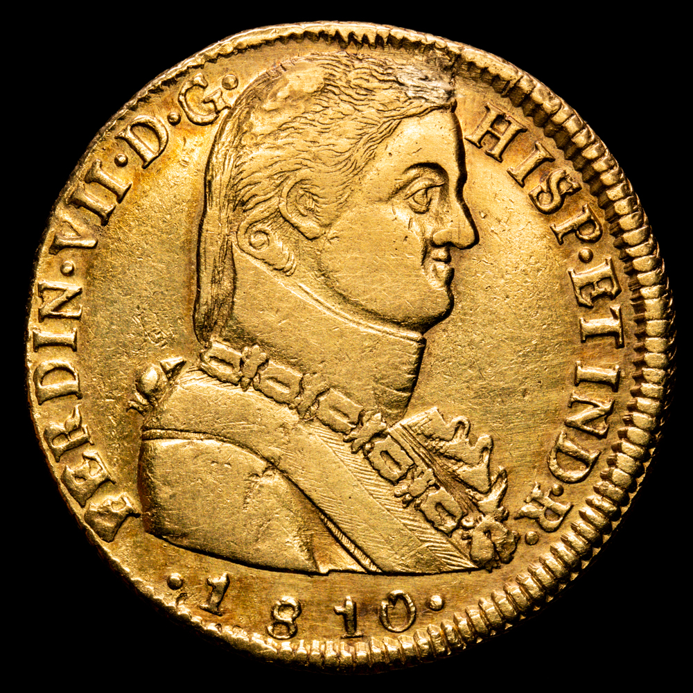1810. Fernando VII. Santiago. FJ. 8 escudos. (AC. 1863) (Cal.Onza 1346). Busto almirante.(26,98gr). (MBC+) Usura a las 12 h .