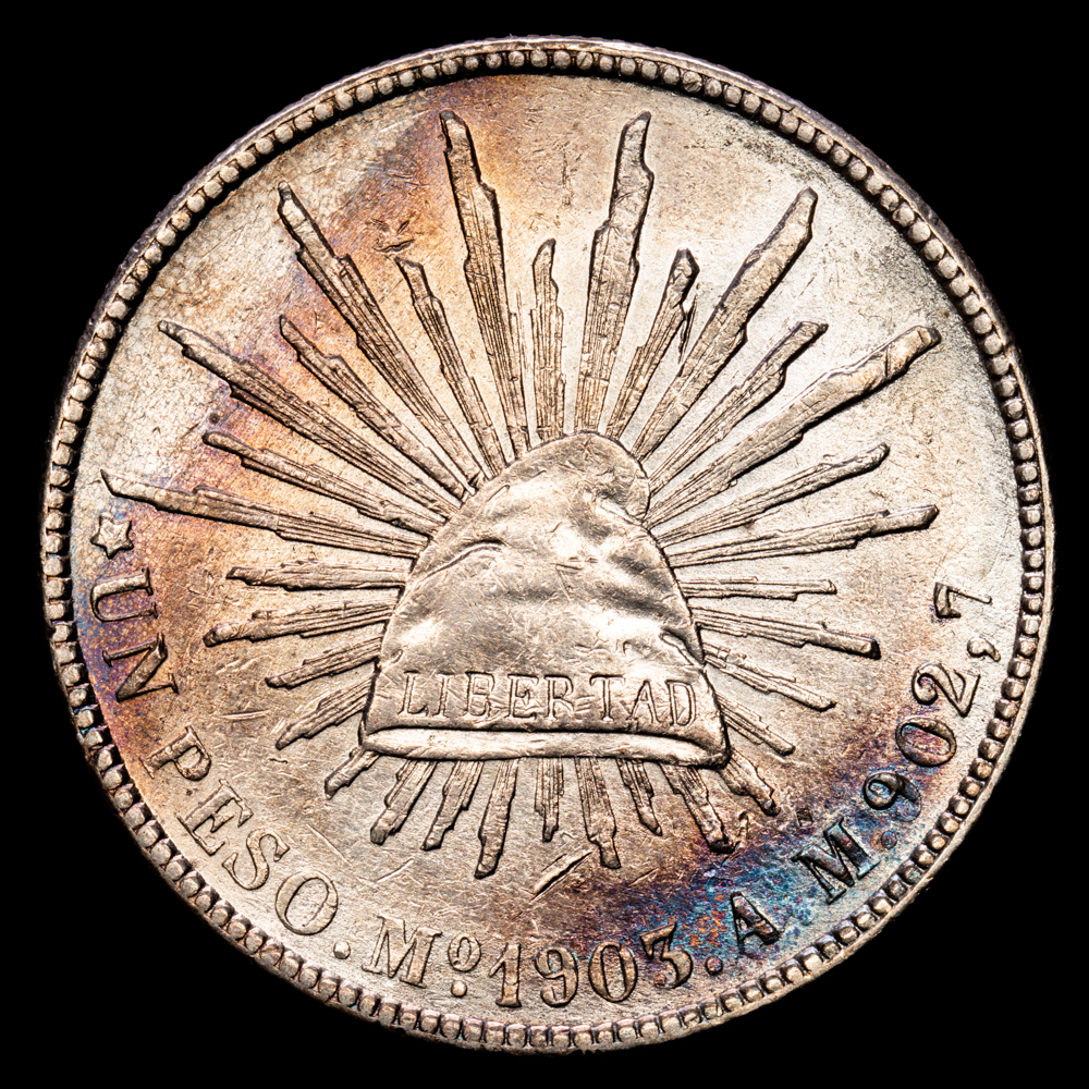 República de México. Un Peso. (26,71 g.). México. 1903. Ensayador A·M. KM-469.2. XF. Algo limpiada. Tono