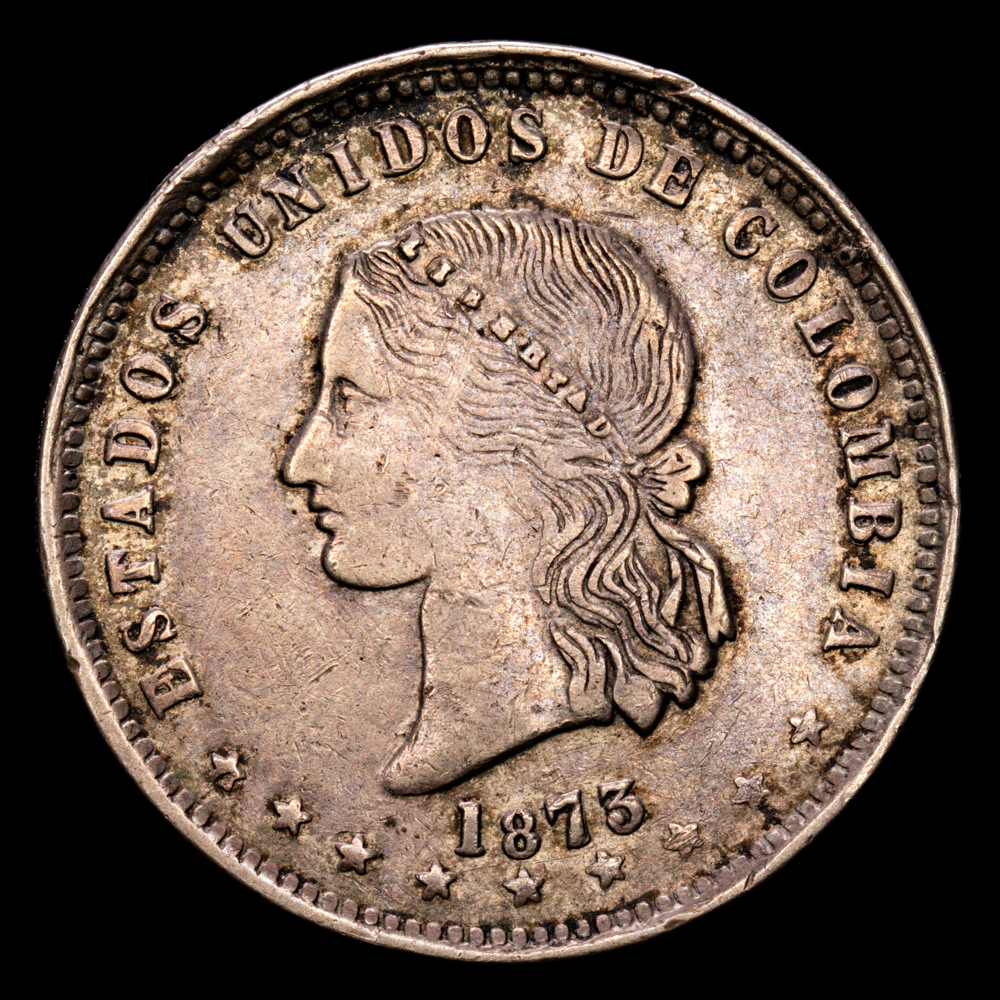 Colombia 5 Décimos 1873 KM# 153; Casa de la Moneda de Medellín; (12,36 Gr ) Plata; ¡VF+ . con una tonificación increíble!